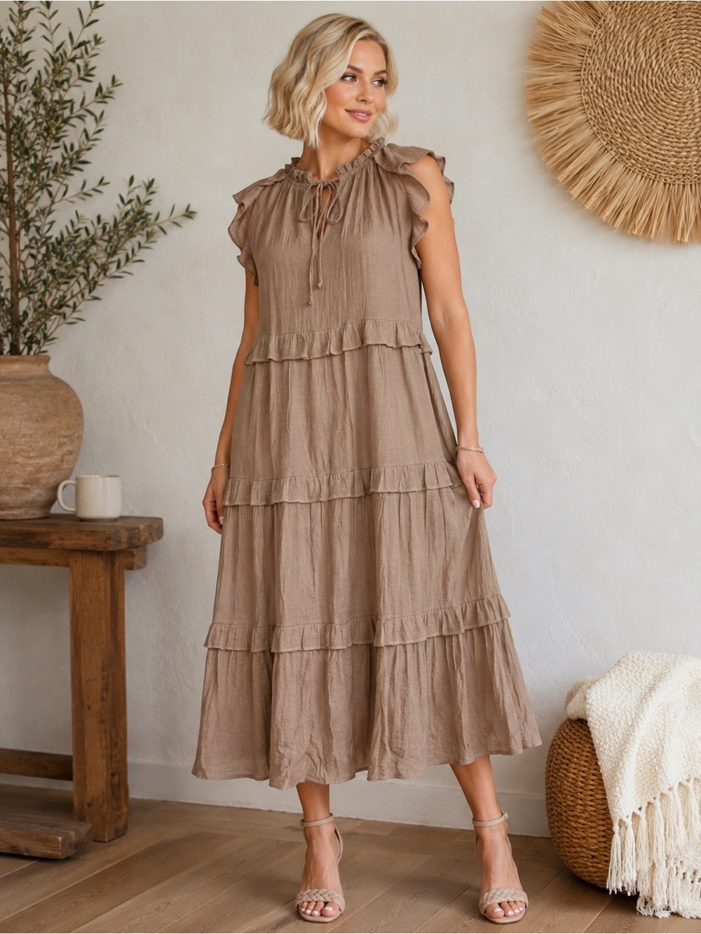 Taupe Ruffle Tiered Boho Midi Dress - 833